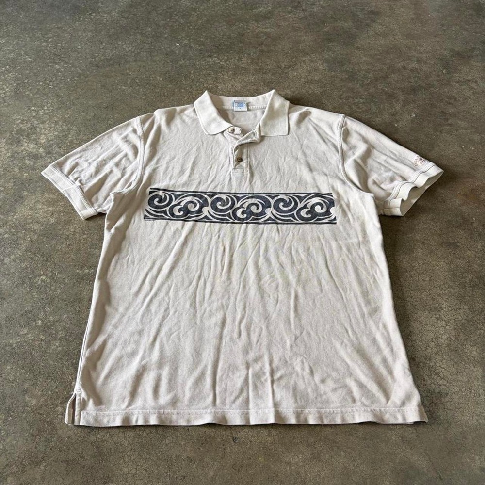 Crazy Shirts Vintage 90s Hawaiian Surf Wrap Around Tribal Polo Cream Mens XL